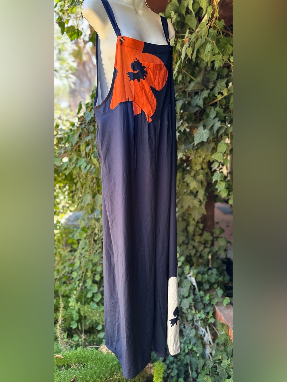 Navy Maxi Jumper Dress with Bold Orange Floral Appliqué